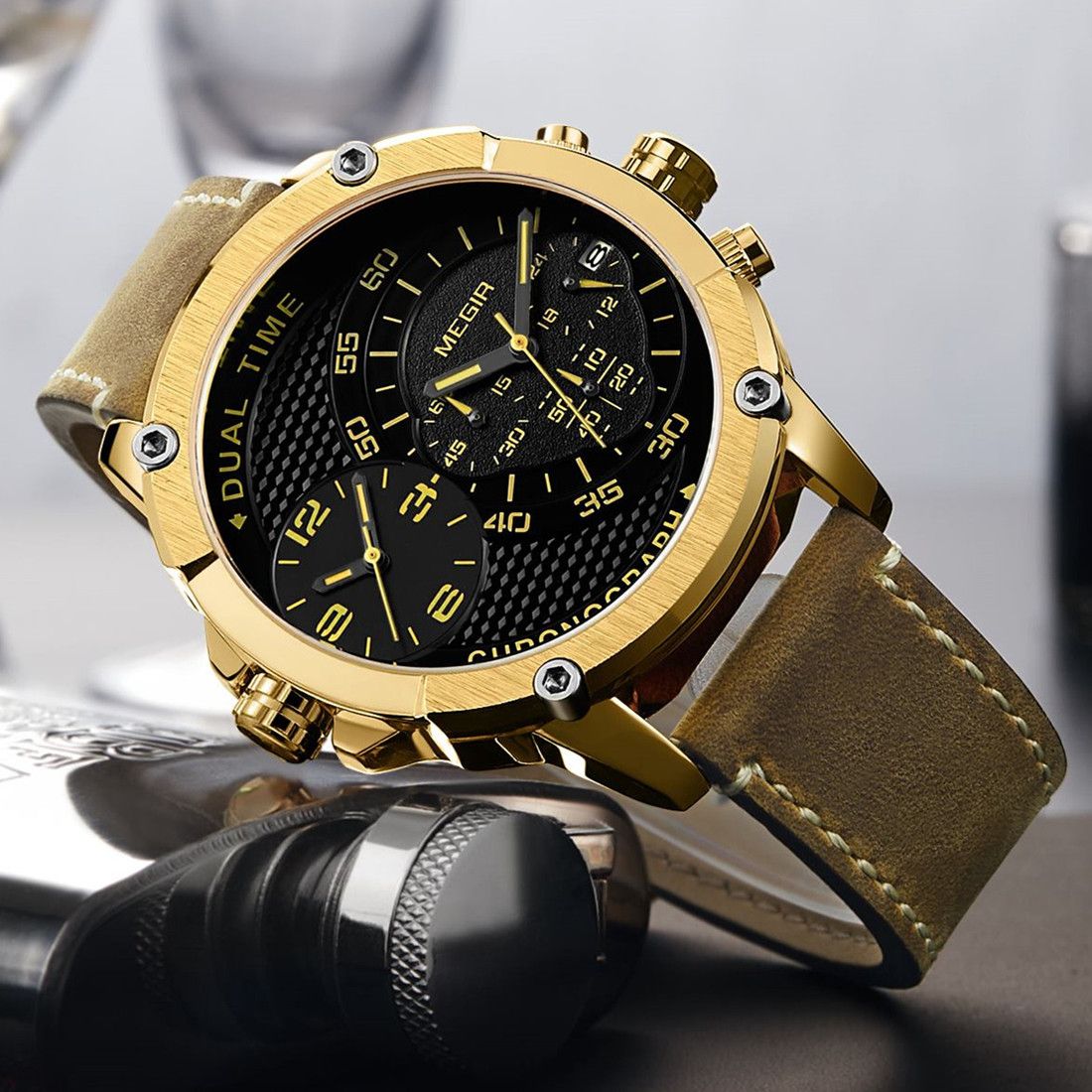 Luxury Men's Watches MEGIR Chronograph Quartz Leather Band