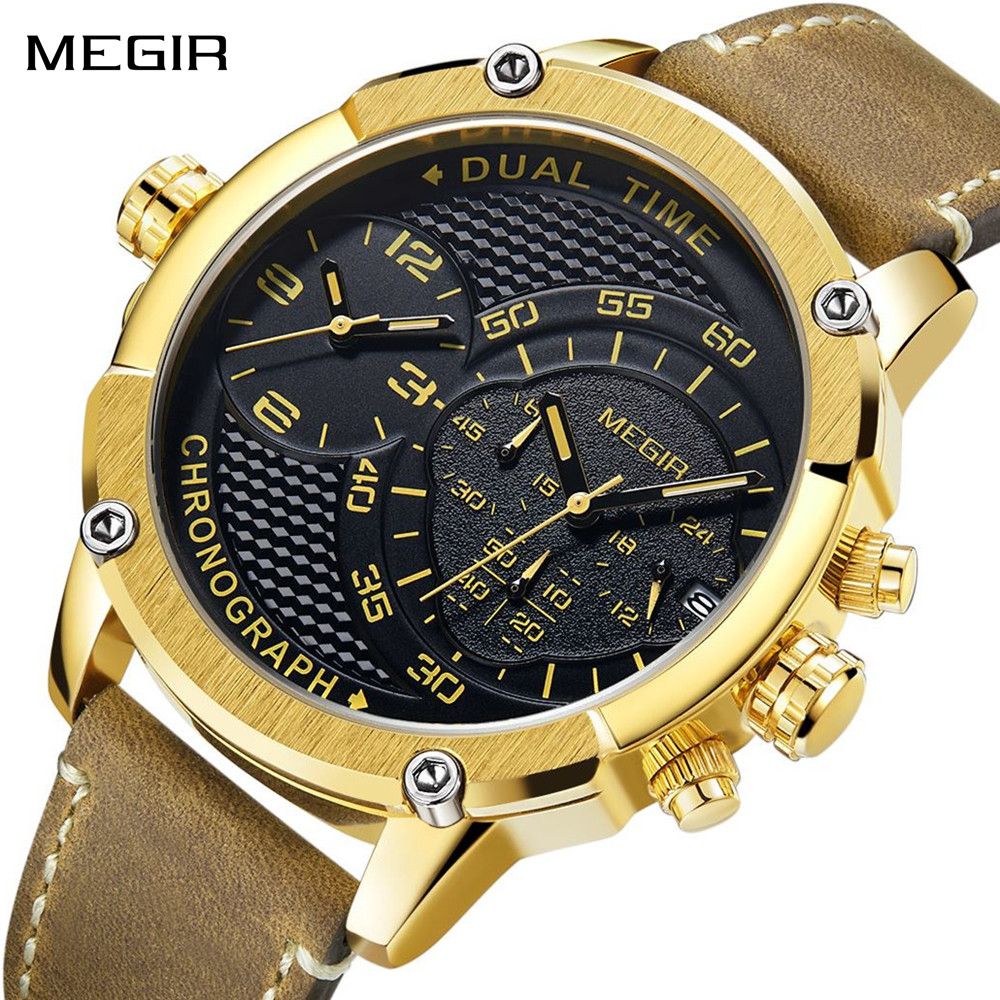 Luxury Men's Watches MEGIR Chronograph Quartz Leather Band