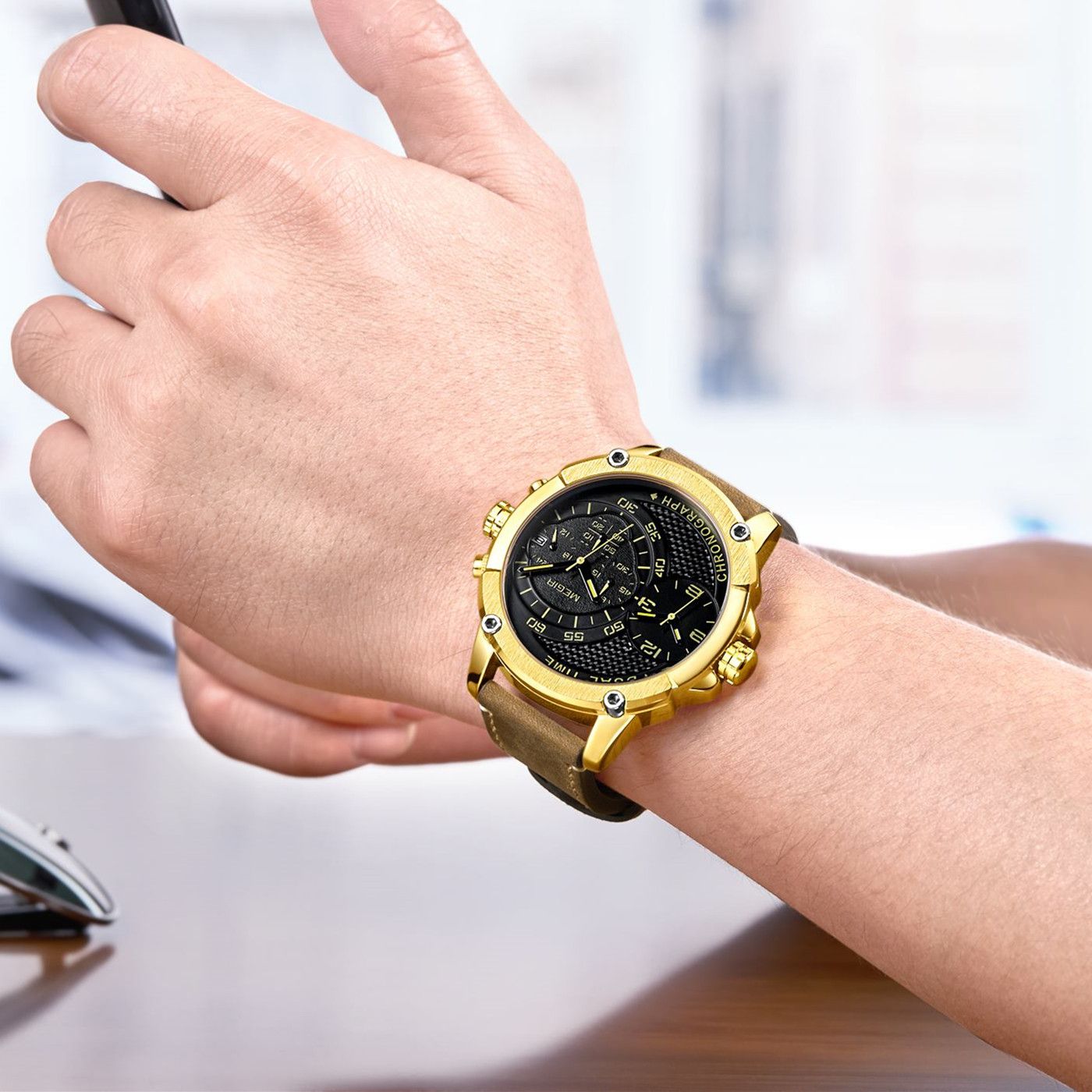 Luxury Men's Watches MEGIR Chronograph Quartz Leather Band