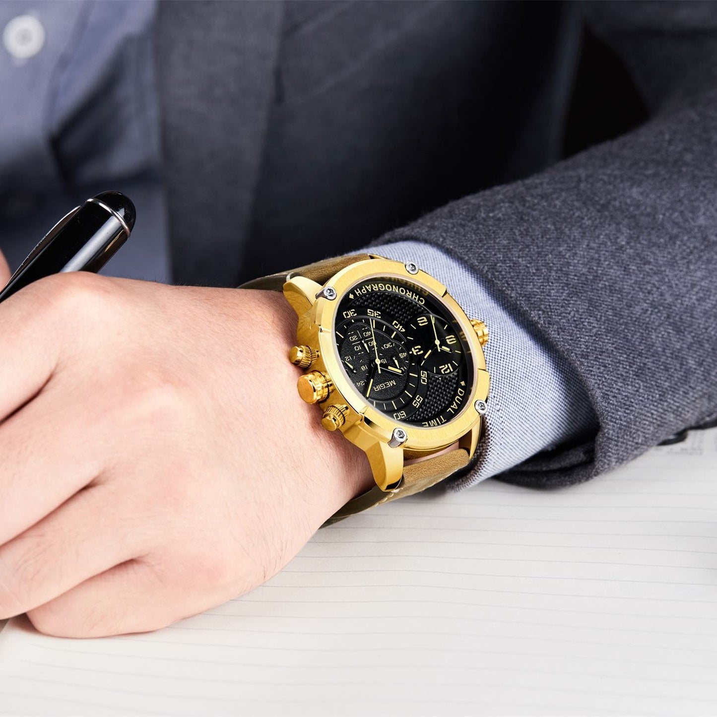 Luxury Men's Watches MEGIR Chronograph Quartz Leather Band