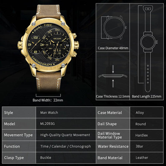 Luxury Men's Watches MEGIR Chronograph Quartz Leather Band
