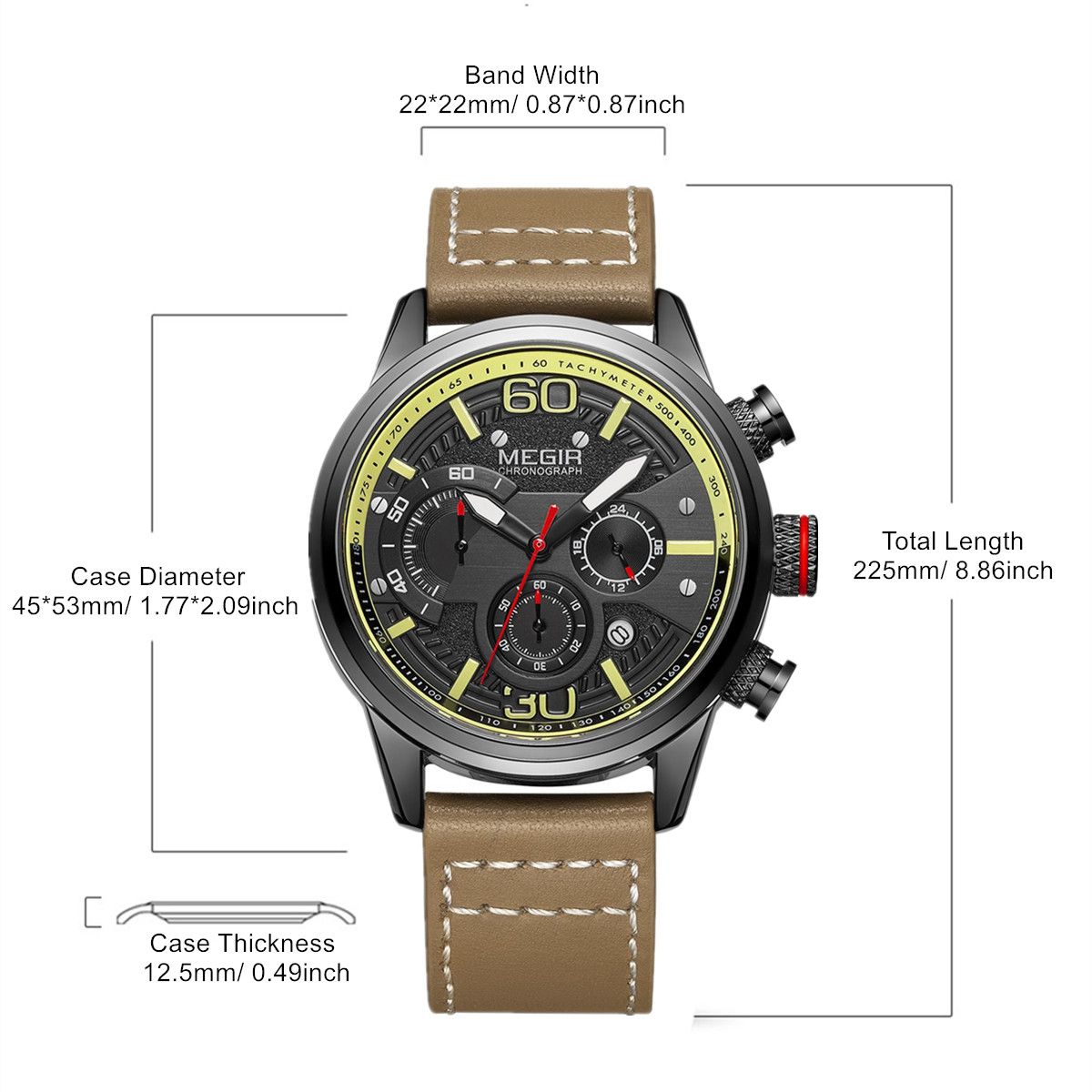Mens MEGIR Watch Luxury Sport Quartz Chronograph Leather Strap 24hr Waterproof Relogio Masculino