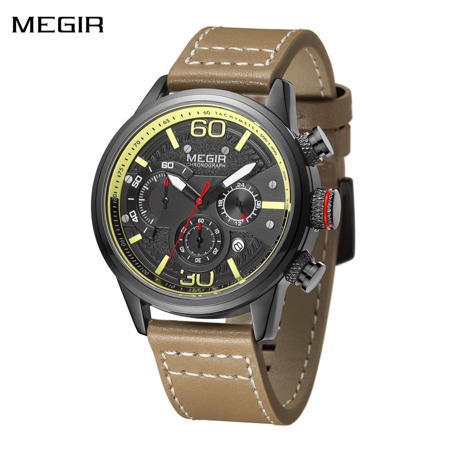 Mens MEGIR Watch Luxury Sport Quartz Chronograph Leather Strap 24hr Waterproof Relogio Masculino