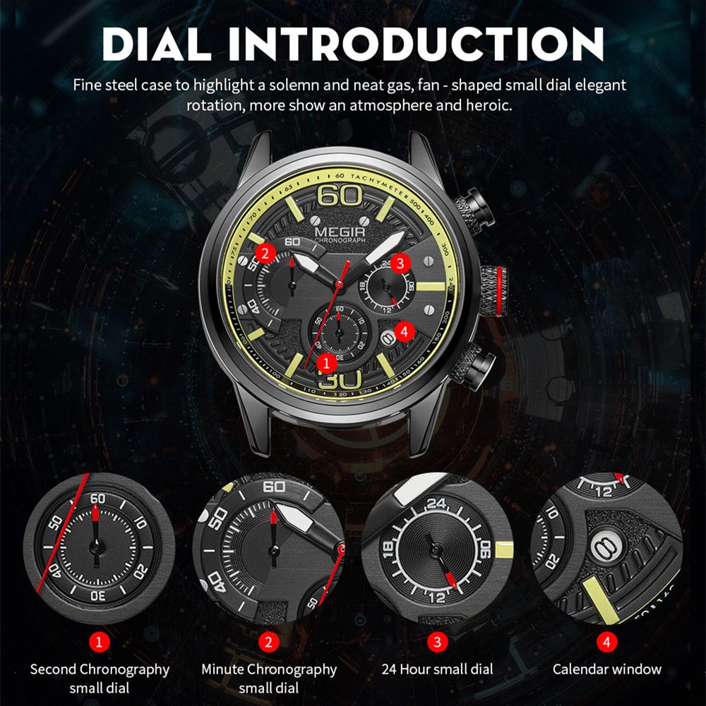 Mens MEGIR Watch Luxury Sport Quartz Chronograph Leather Strap 24hr Waterproof Relogio Masculino