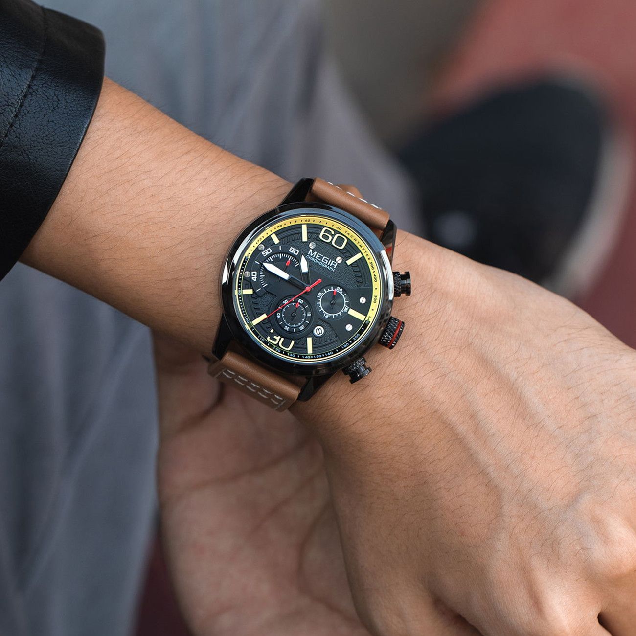 Mens MEGIR Watch Luxury Sport Quartz Chronograph Leather Strap 24hr Waterproof Relogio Masculino