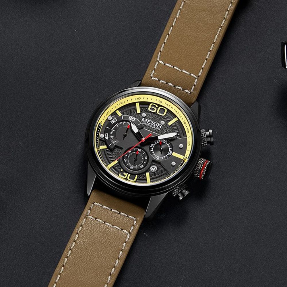 Mens MEGIR Watch Luxury Sport Quartz Chronograph Leather Strap 24hr Waterproof Relogio Masculino
