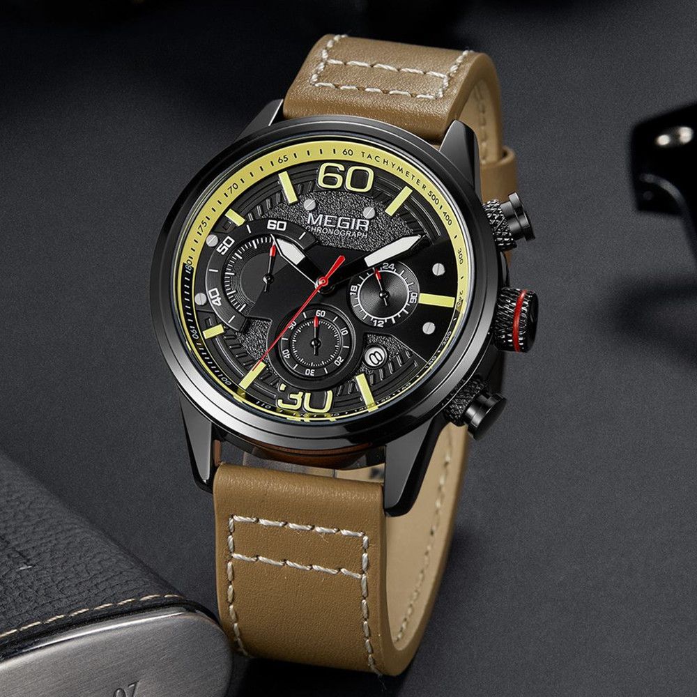 Mens MEGIR Watch Luxury Sport Quartz Chronograph Leather Strap 24hr Waterproof Relogio Masculino