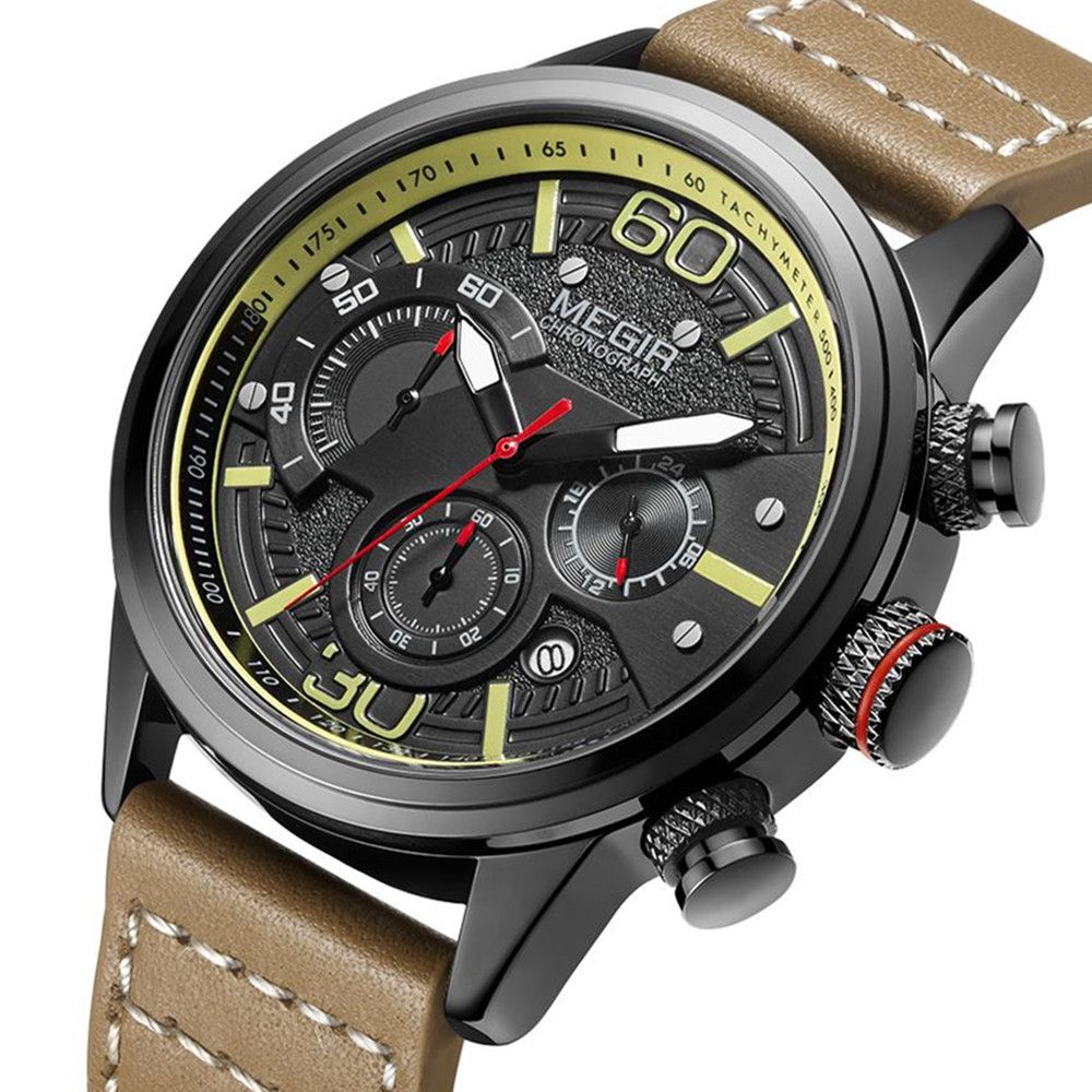 Mens MEGIR Watch Luxury Sport Quartz Chronograph Leather Strap 24hr Waterproof Relogio Masculino