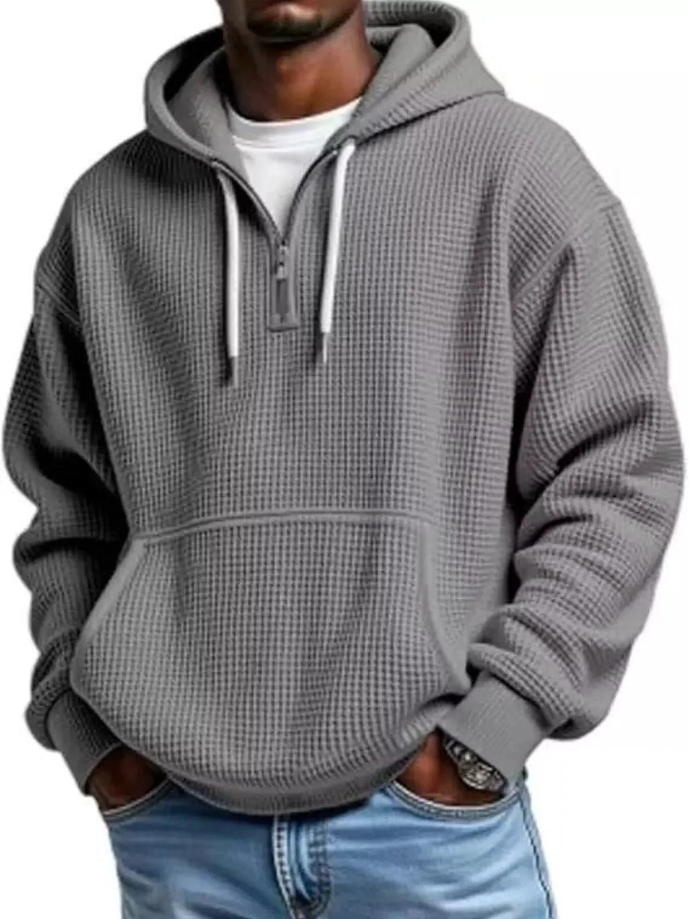 Men's Full Size Textured Waffle Knit Half-Zip Hoodie Plus Size by Trendsi