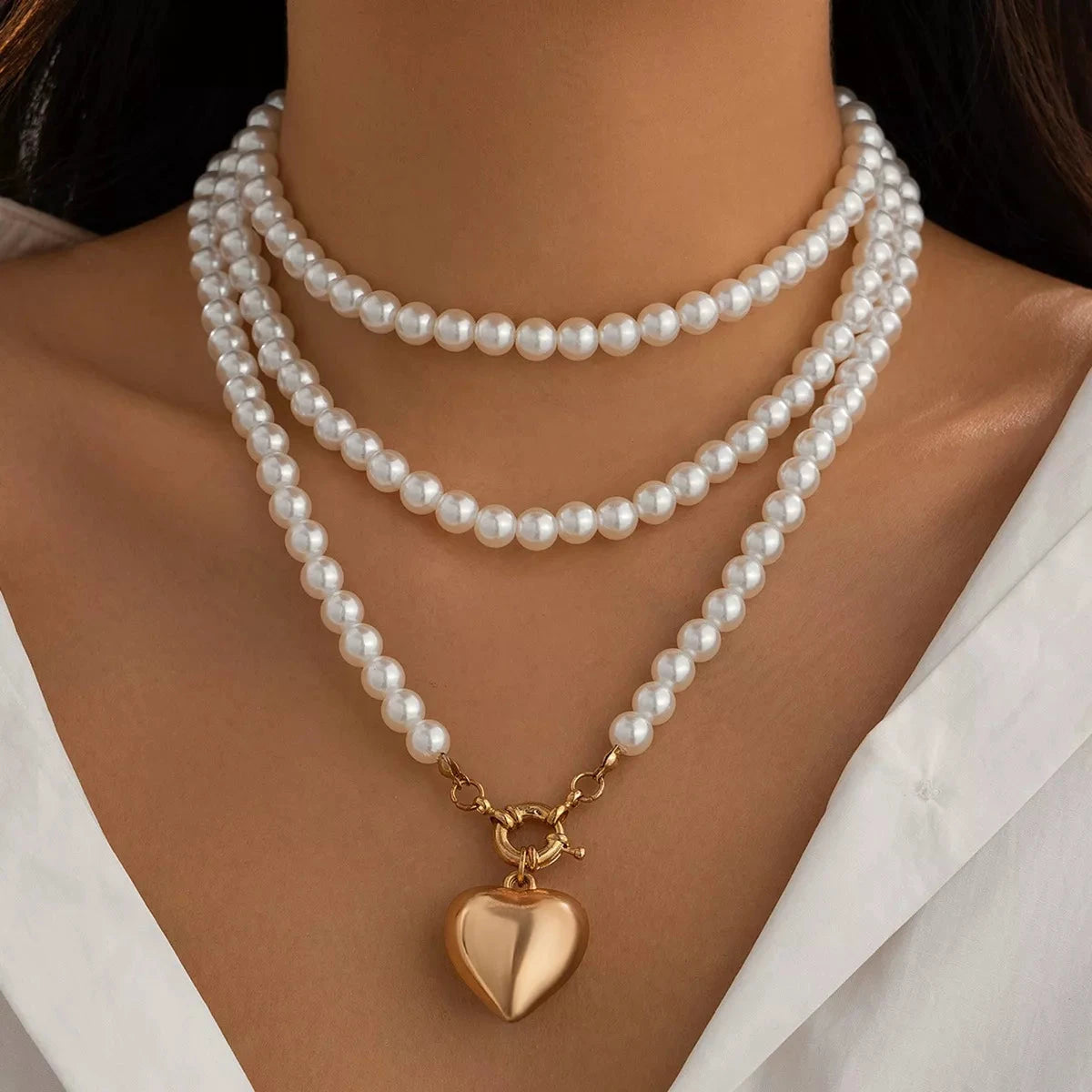 Pearl Chain Heart Necklace by Trendsi