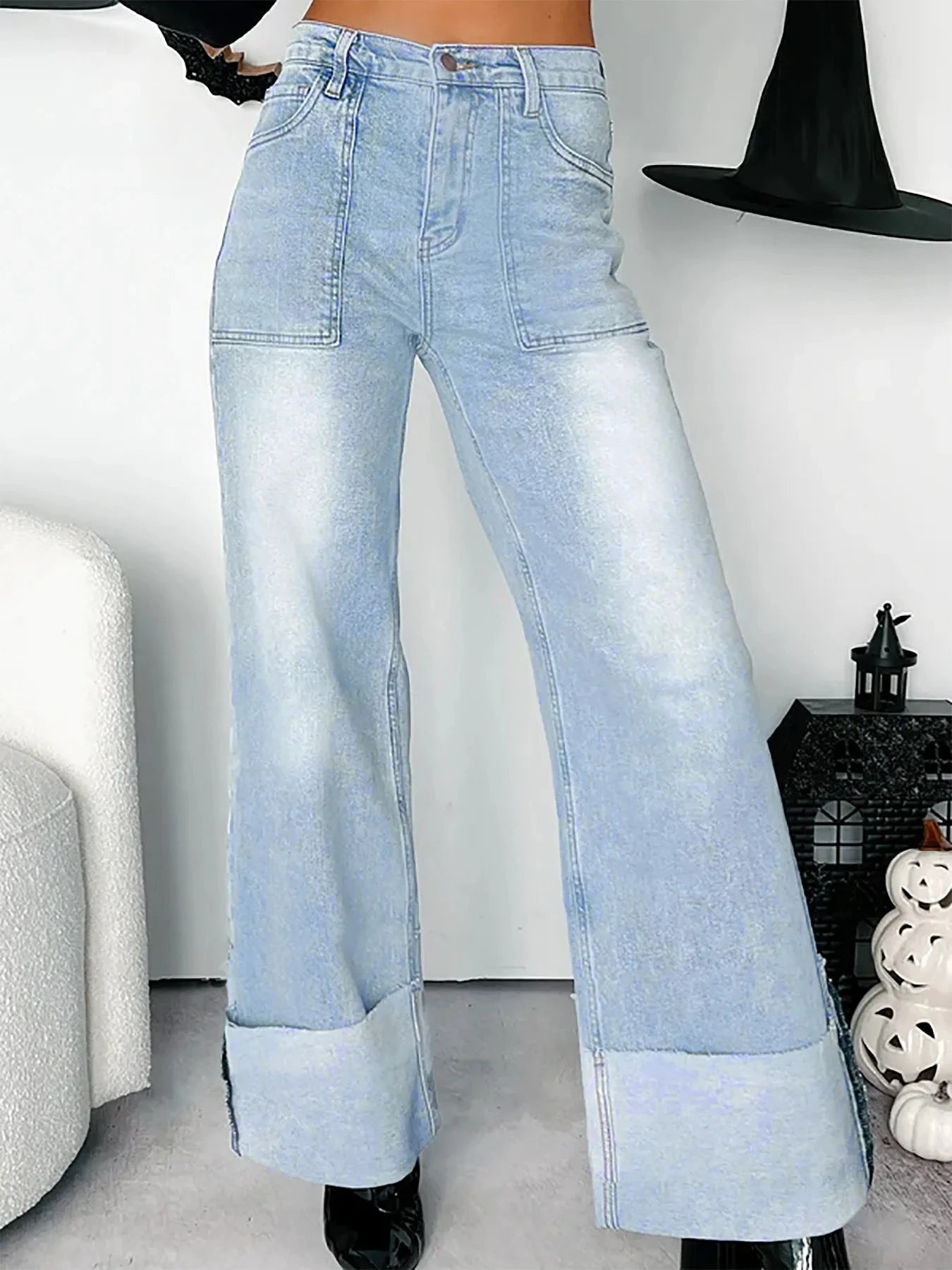 High-Waisted Wide-Leg Jeans with Cuffed Hem by Trendsi