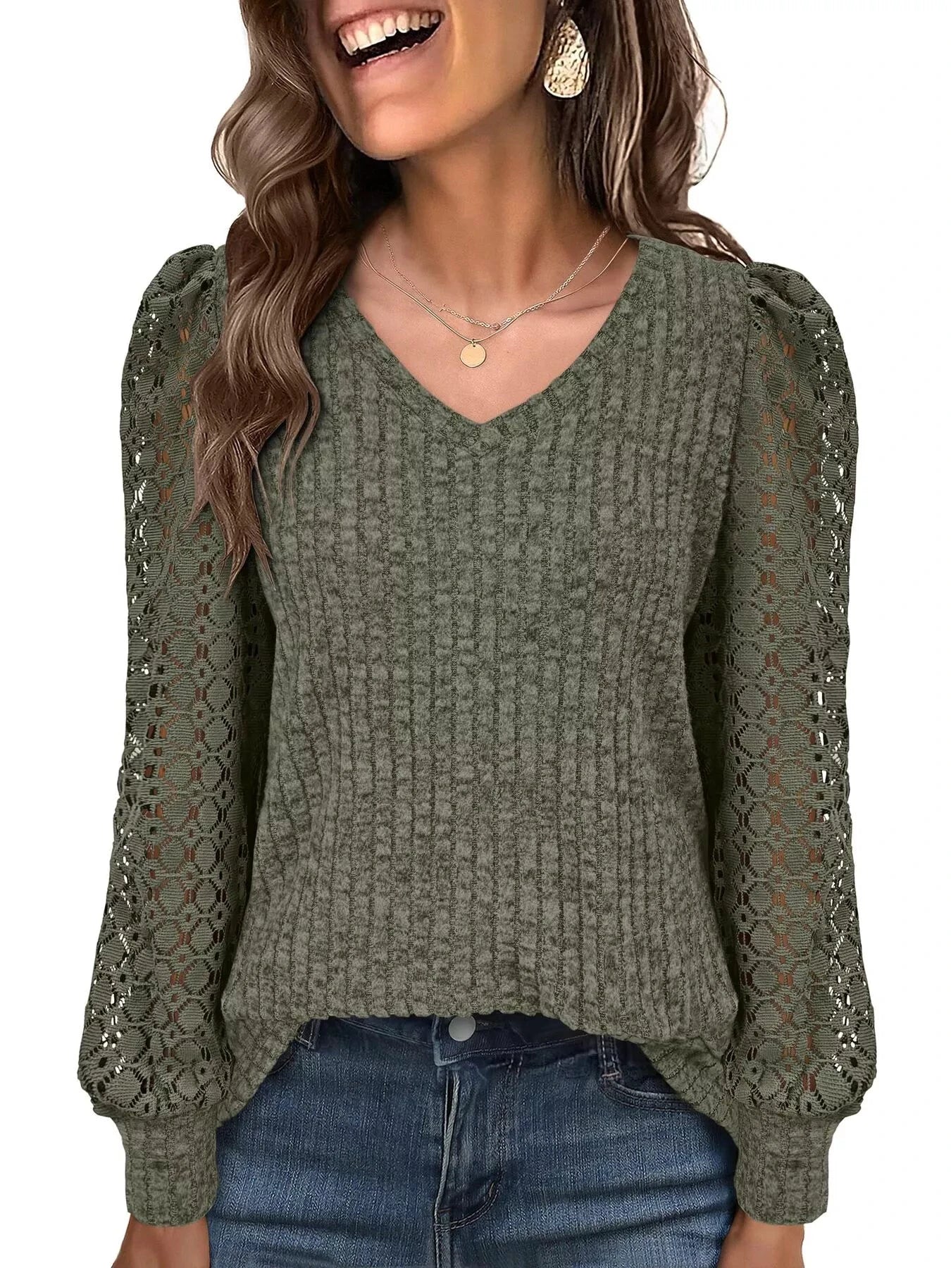 Lace Sleeve V-Neck T-Shirt by Trendsi