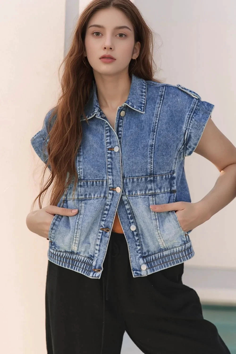 Button Up Cap Sleeve Denim Jacket by Trendsi