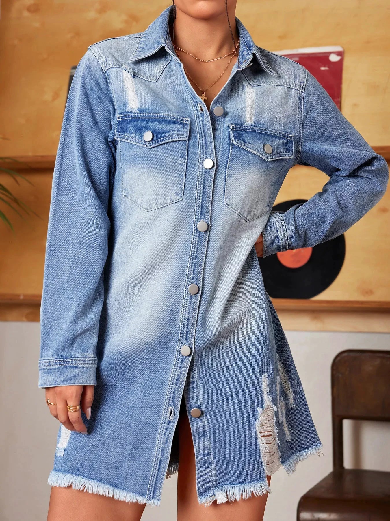 Distressed Raw Hem Denim Mini Dress by Trendsi