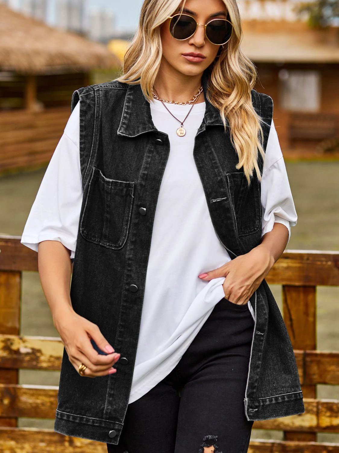 Button Down Denim Vest by Trendsi