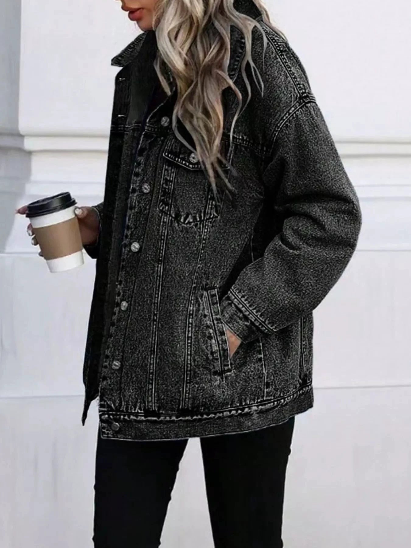 Washed Button Up Oversized Denim Jacket by Trendsi