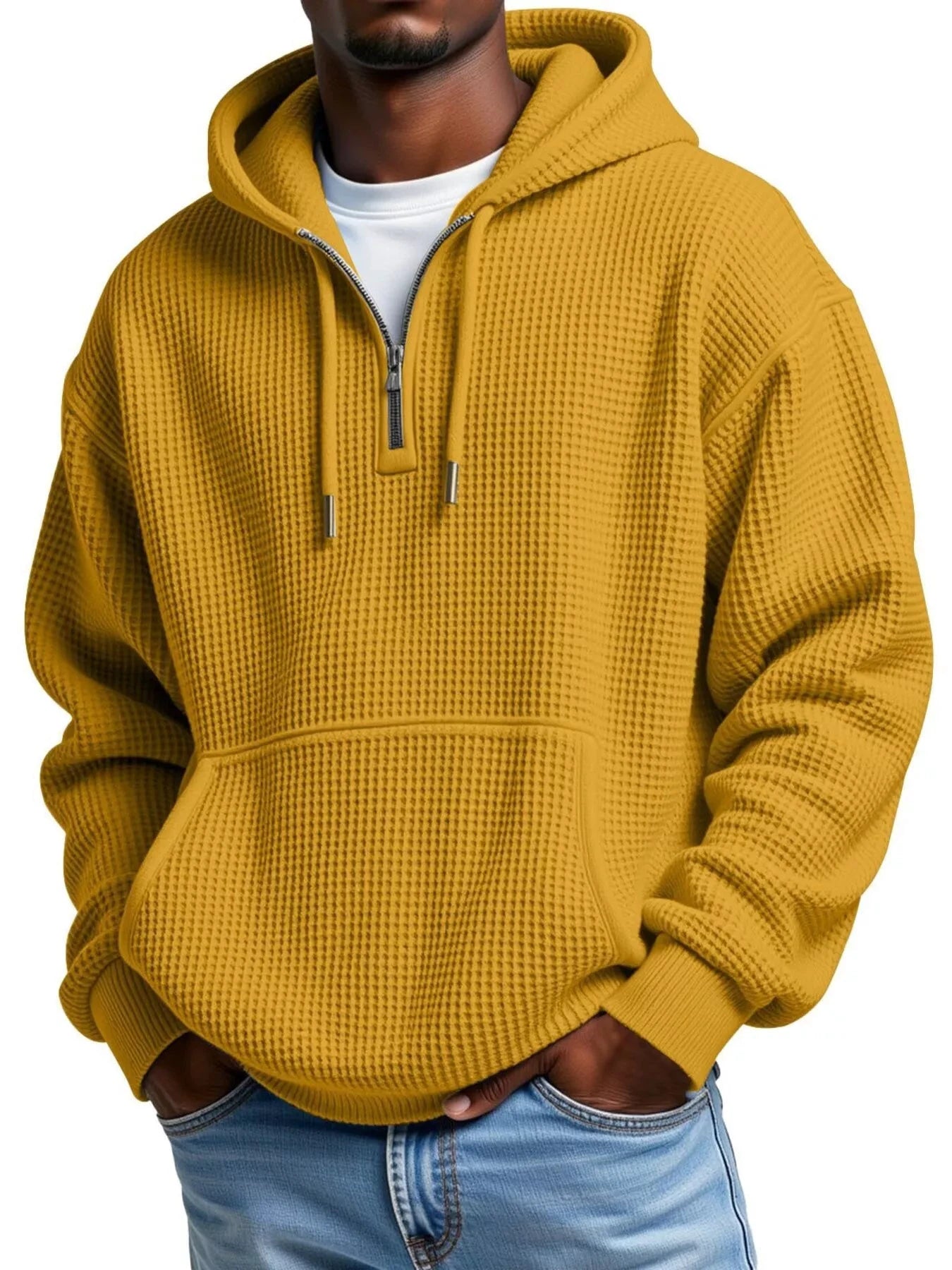 Men's Full Size Textured Waffle Knit Half-Zip Hoodie Plus Size by Trendsi