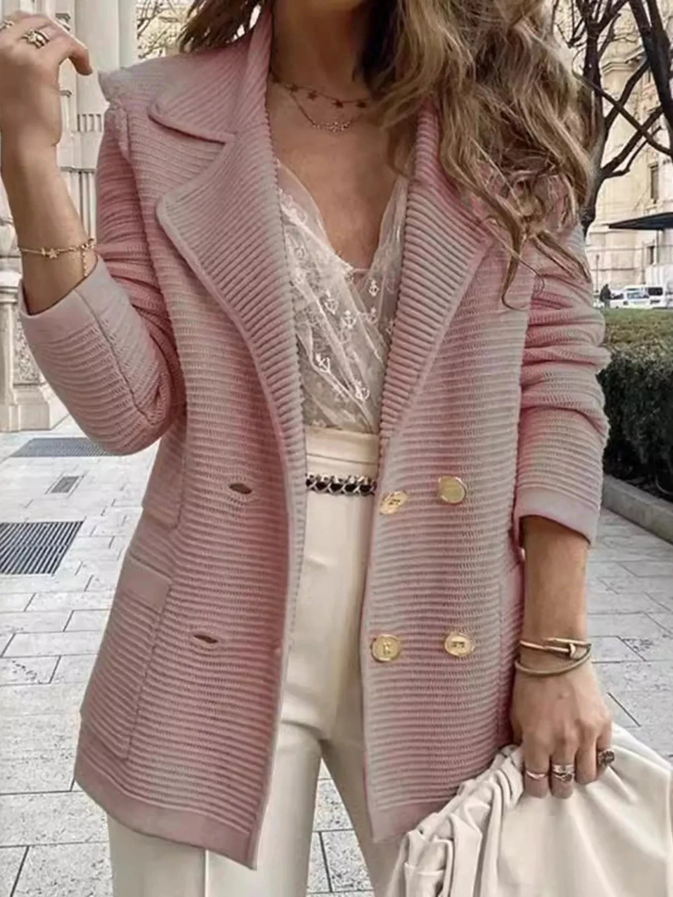 Texture Knit Double-Breasted Blazer by Trendsi