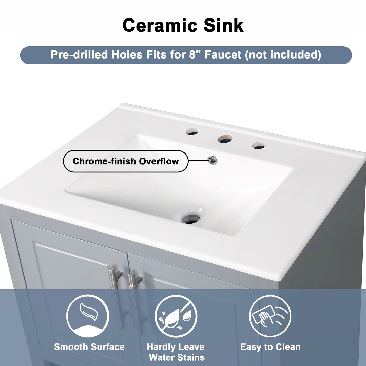 30" Bathroom Vanity with Sink, Multi-functional Bathroom Cabinet with Doors and Drawers, Solid Frame and MDF Board, Grey by eprolo