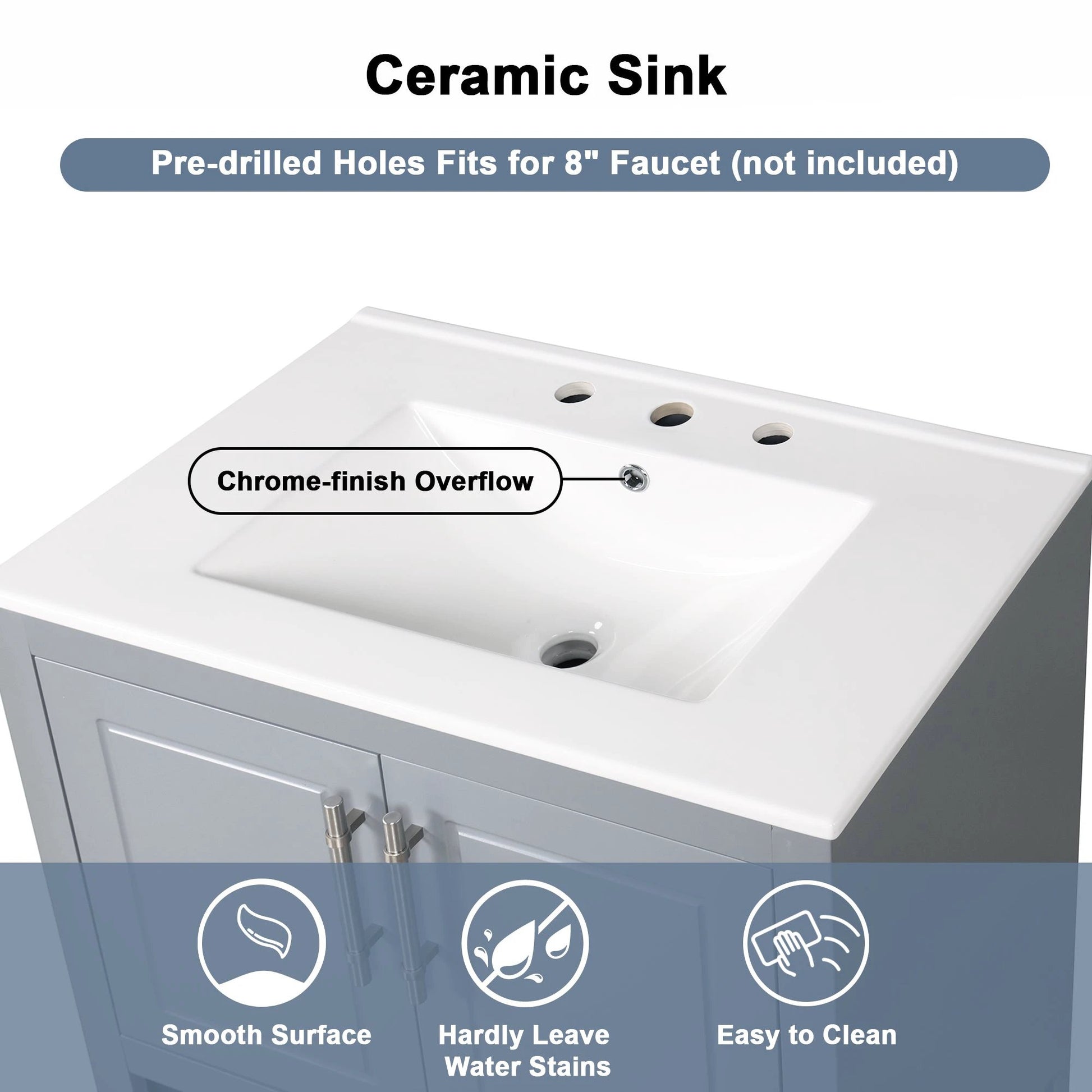 30" Bathroom Vanity with Sink, Multi-functional Bathroom Cabinet with Doors and Drawers, Solid Frame and MDF Board, Grey by eprolo