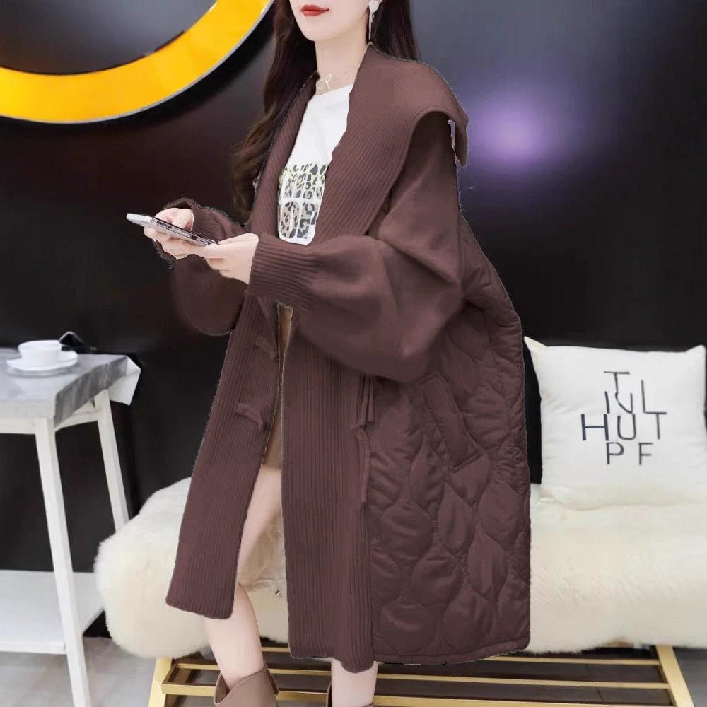 Feminine Knitted Cotton Coat with Disk Buttons, Notched Lapel, Patchwork Cardigan, Casual Loose Oversized European-Style Mid-Length Outerwear by eprolo