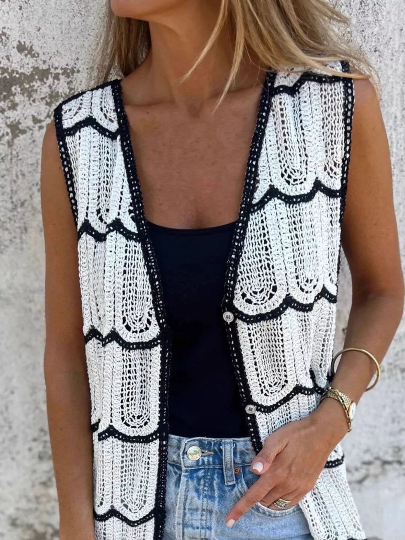 Sleeveless Crochet Longline Cardigan by Trendsi