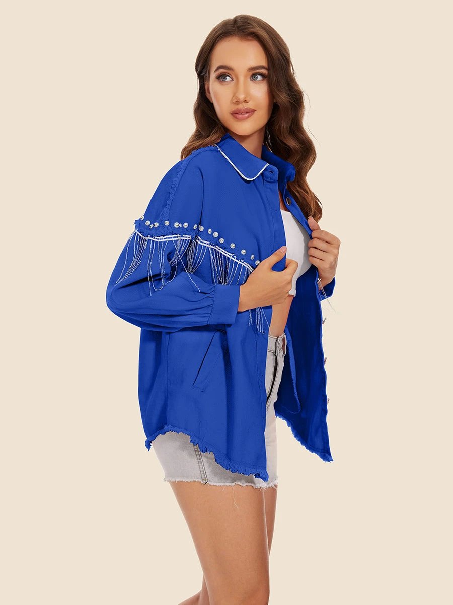 Raw Hem Fringe Detail Denim Jacket by Trendsi
