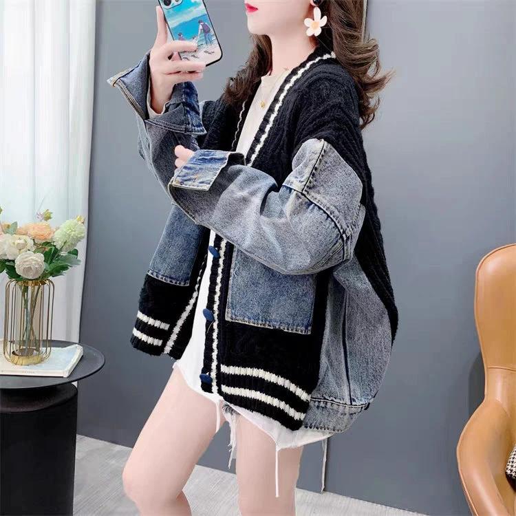 Loose Lazy Style Denim Patchwork Knit Cardigan for Women Retro Versatile Outerwear Top Trendy by eprolo
