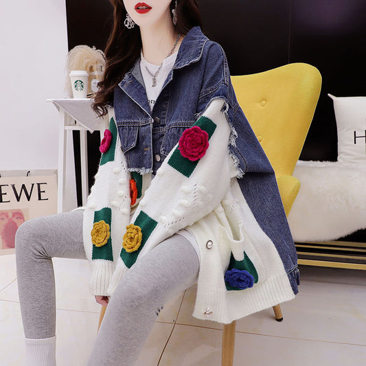 Relaxed Korean-Style Patchwork Denim Knit Cardigan for Women