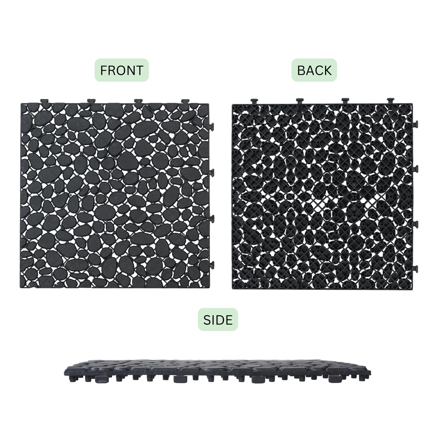 12 x 12 inch black interlocking deck tiles, plastic waterproofing, pebble pattern, pack of 12 by eprolo