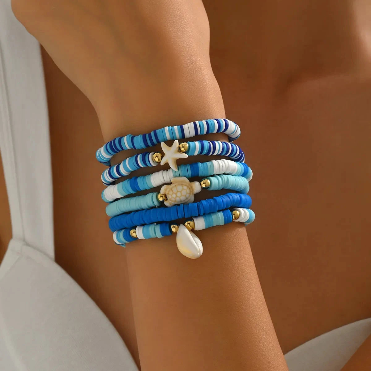6-Piece Ceramic Beaded Shell Bracelet by Trendsi