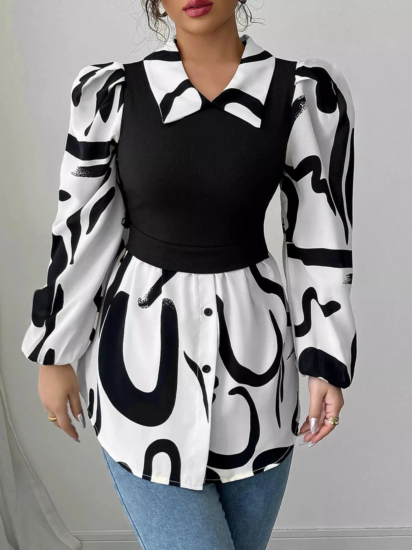 Abstract Print Long Sleeve Blouse by Trendsi