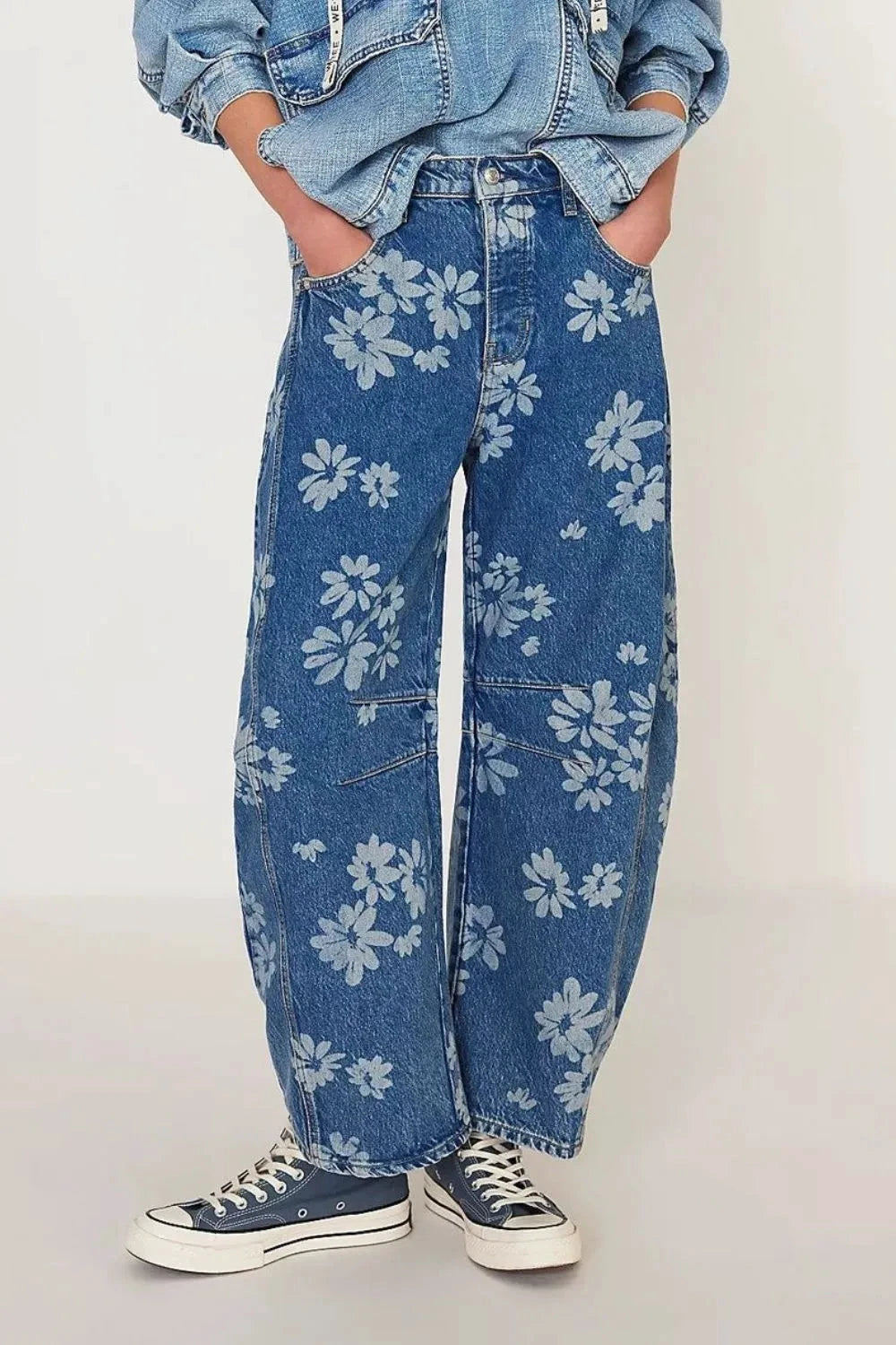 Flower Print Wide Leg Jeans by Trendsi