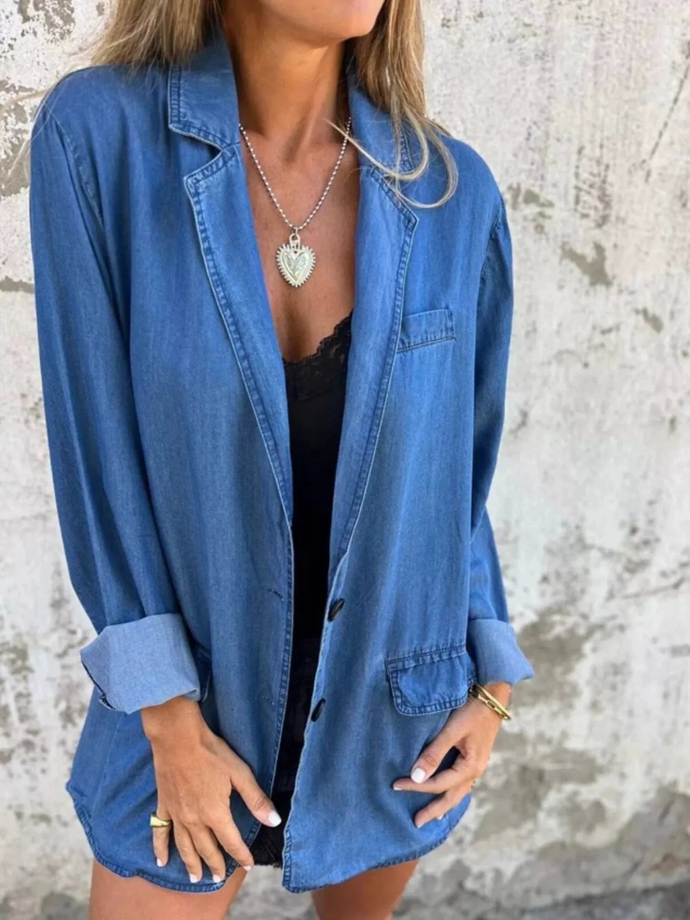 Full Size Button Down Denim Blazer Plus Size by Trendsi