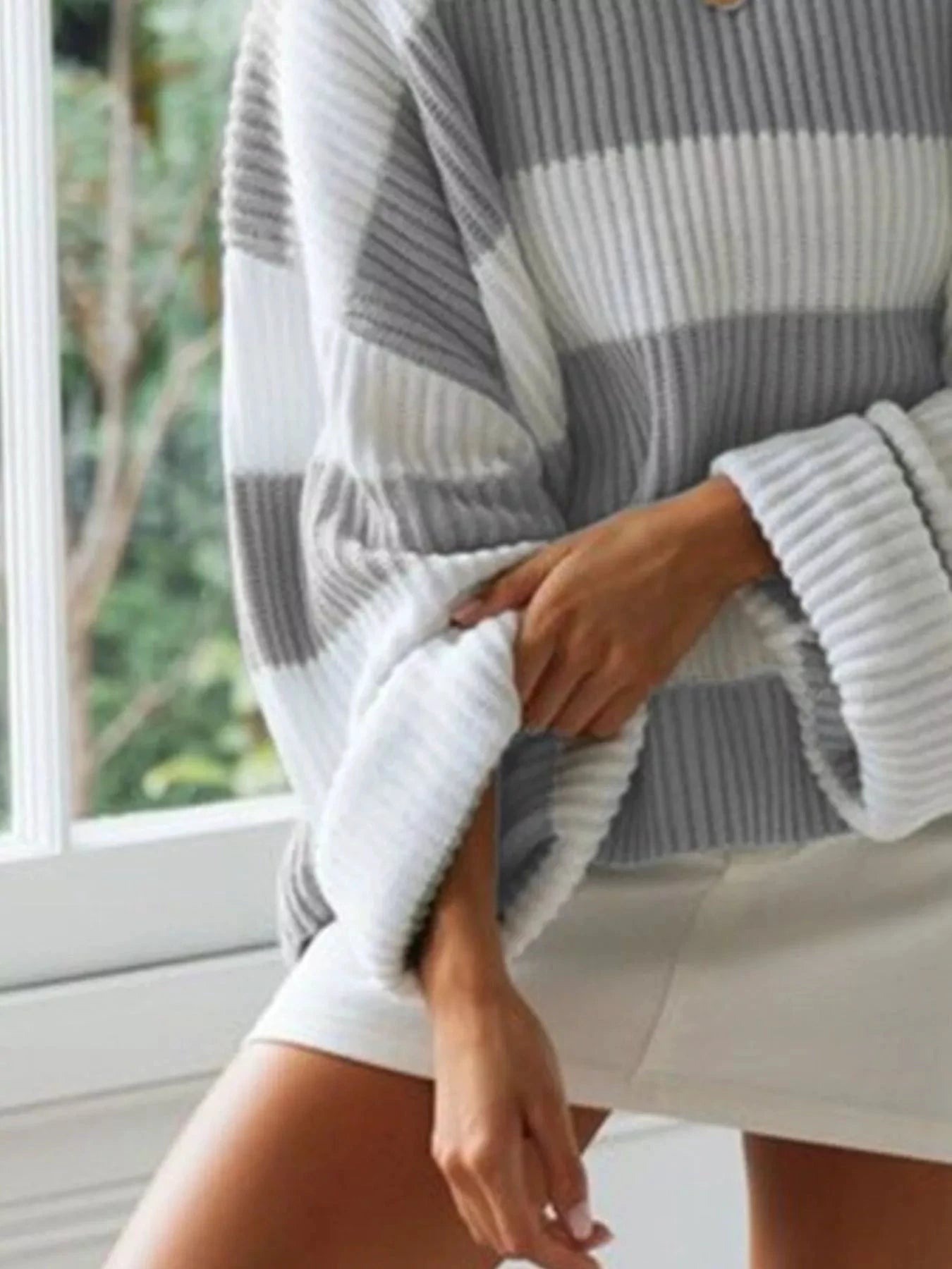 Full Size Contrast Striped Round Neck Sweater Plus Size by Trendsi