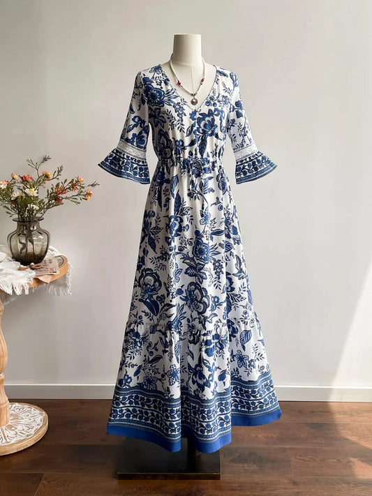 Floral Print V-Neck Flounce Sleeve Dress by Trendsi