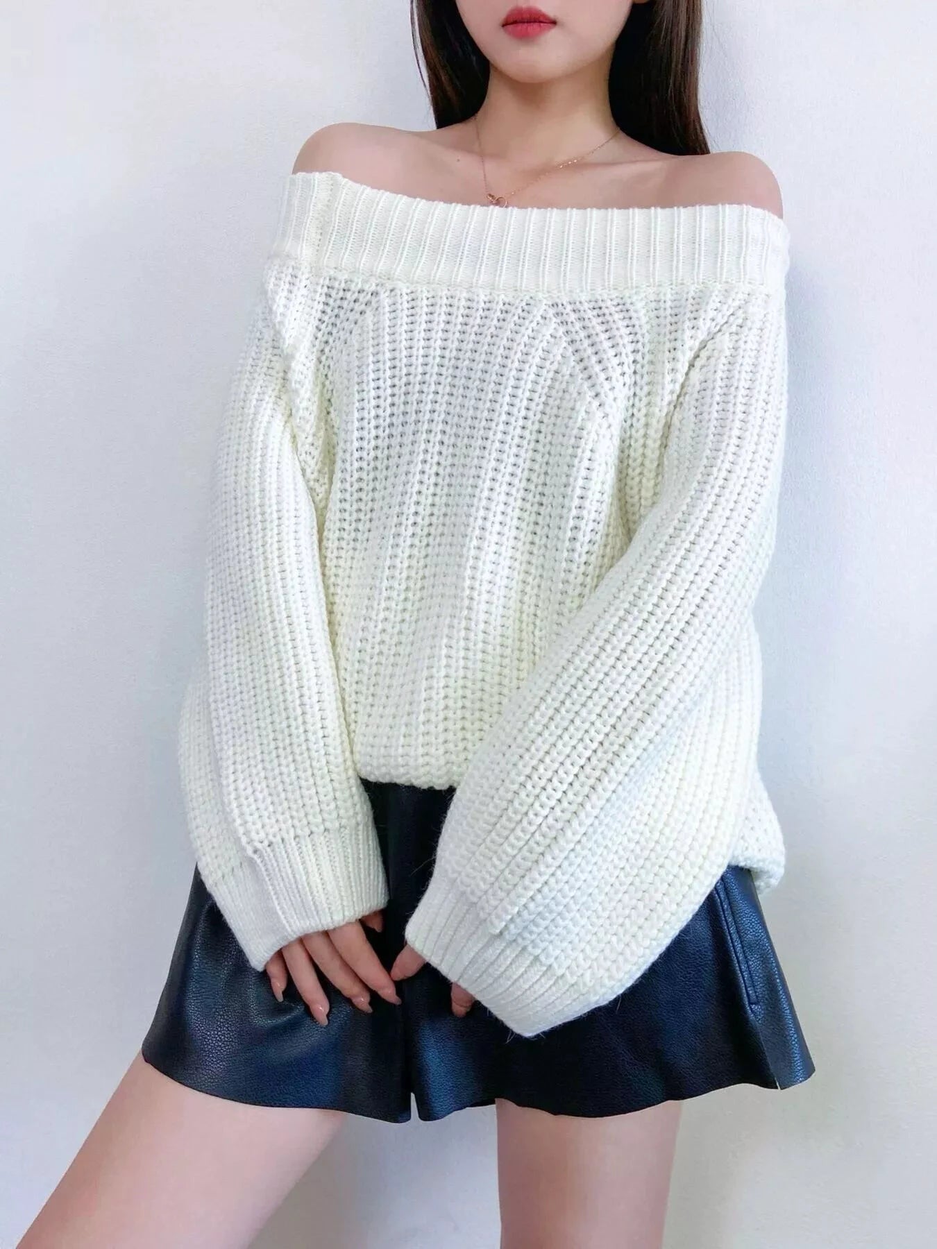 Off-Shoulder Chunky Knit Sweater by Trendsi