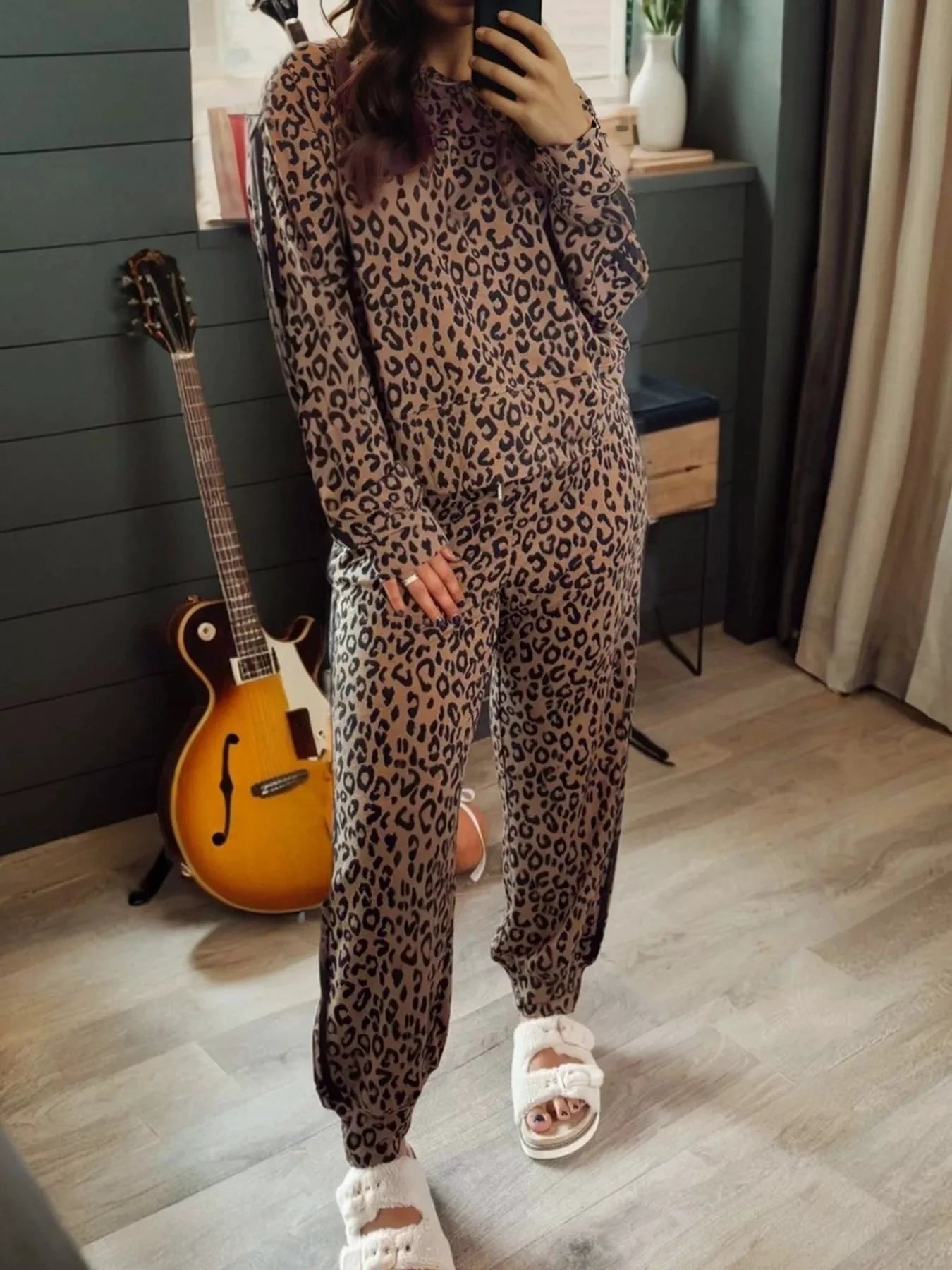 Striped Trim Leopard Long Sleeve Top Drawstring Pant Set by Trendsi