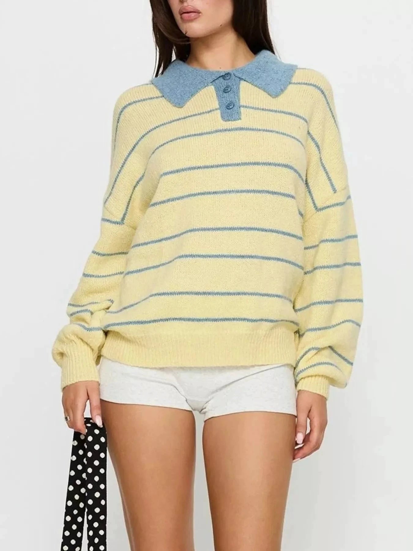 Striped Polo Collar Long Sleeve Sweater by Trendsi