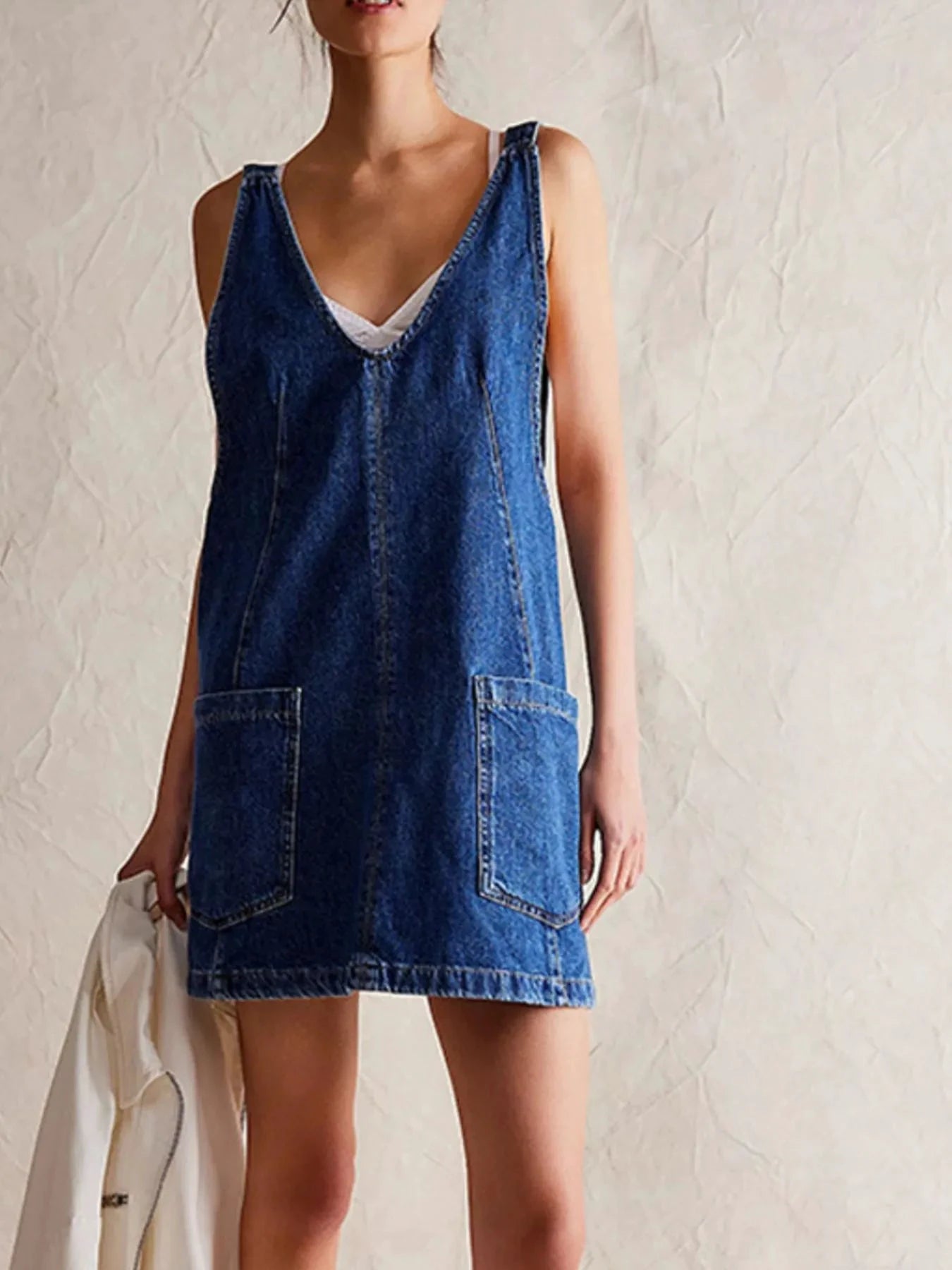 Oversized V-Neck Denim Tank Dress with Front Pockets by Trendsi