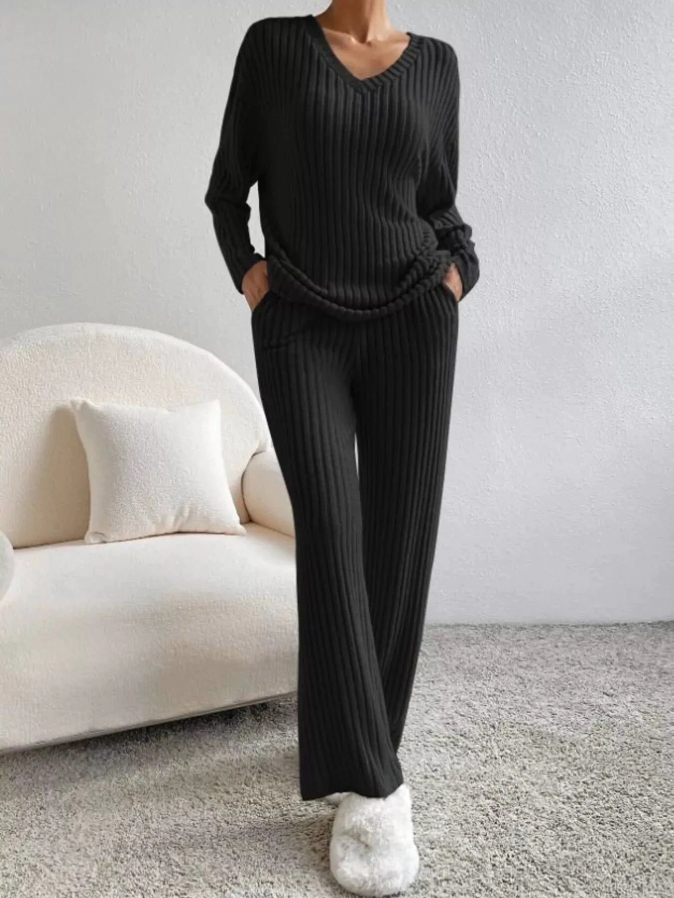 Ribbed Knit V-Neck Top and Pants Set by Trendsi