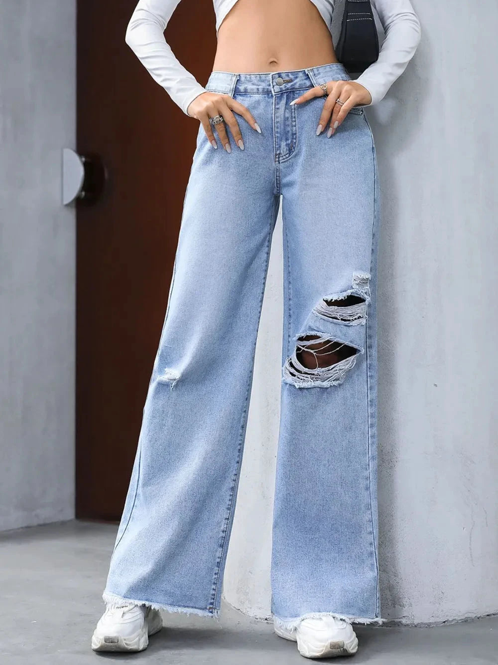 Distressed Raw Hem Wide Leg Jeans by Trendsi