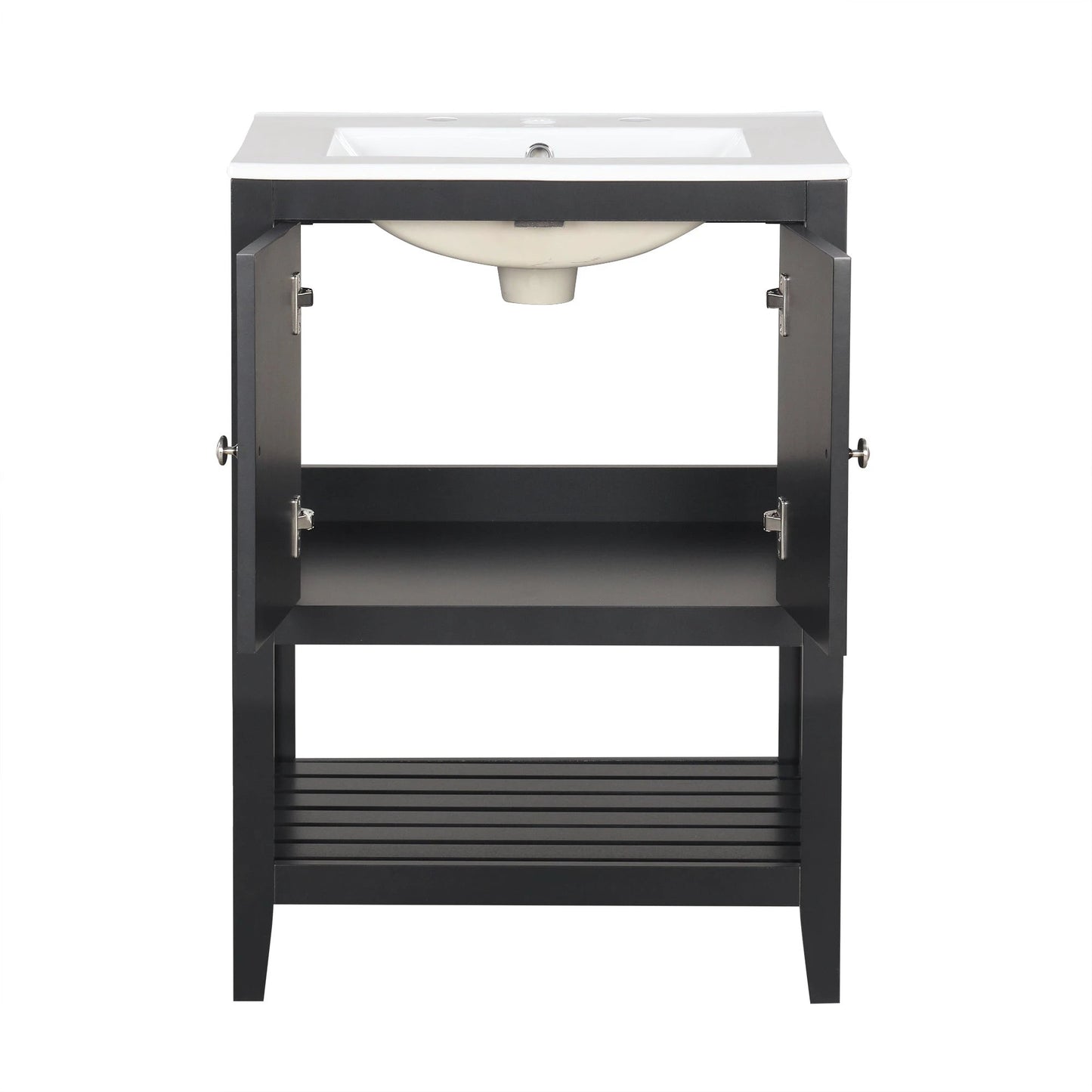 24" Black Modern Sleek Bathroom Vanity Elegant Ceramic Sink with Solid Wood Frame Open Style Shelf by eprolo