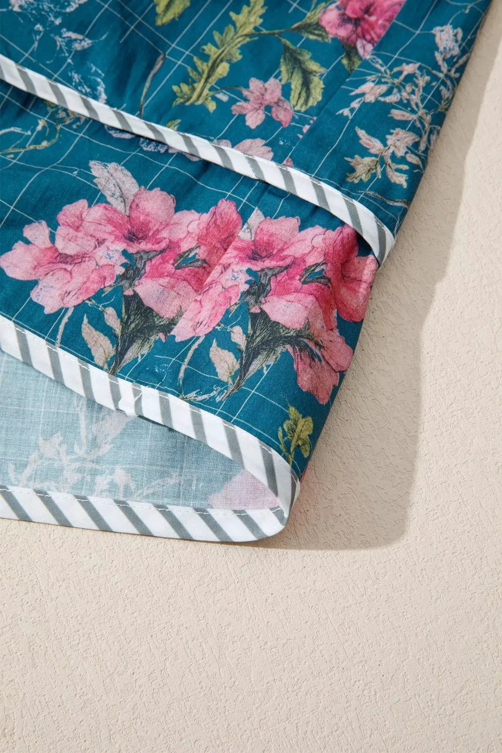 Floral Print Contrast Yoke Patchwork Striped Trim Long Puff Sleeve Blouse by Trendsi