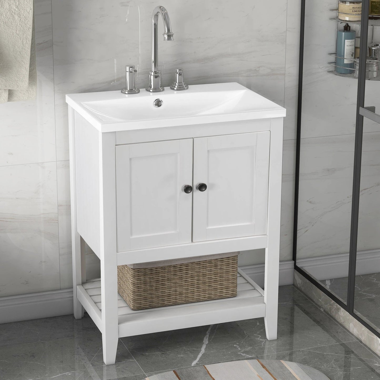 24" White Modern Sleek Bathroom Vanity Elegant Ceramic Sink with Solid Wood Frame Open Style Shelf by eprolo