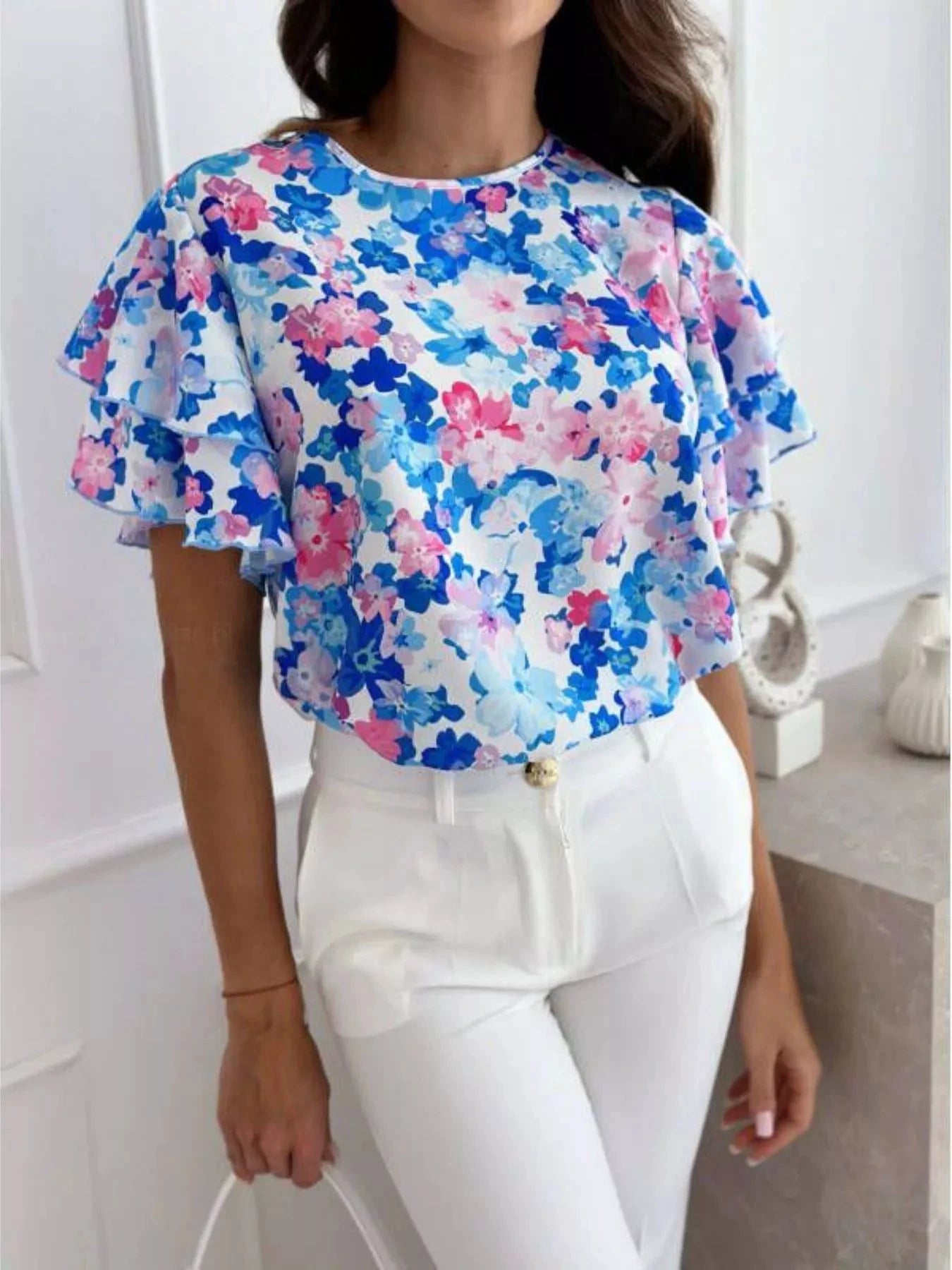Floral Print Ruffle Sleeve Blouse by Trendsi
