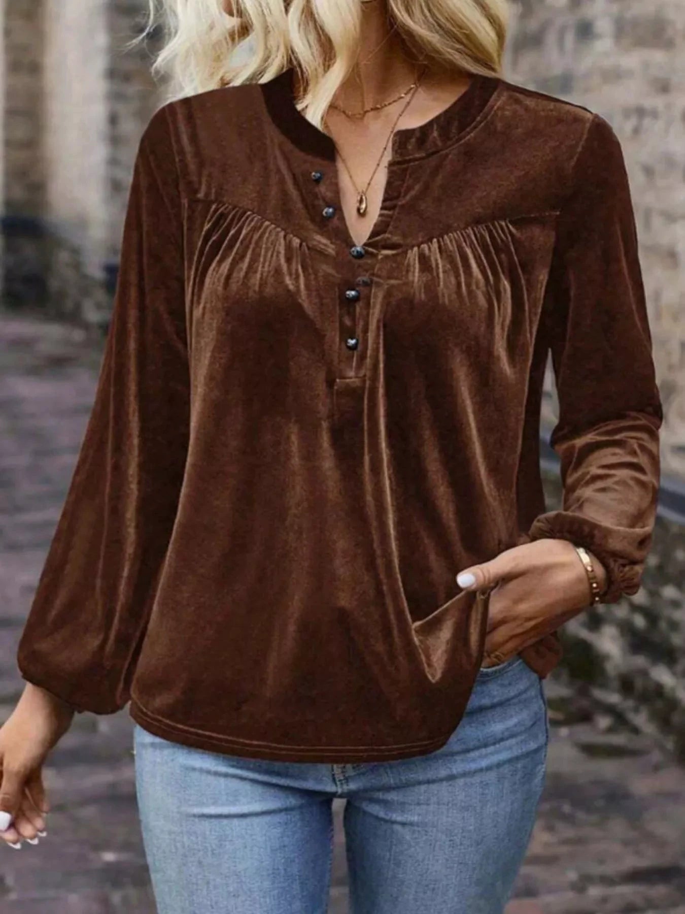 Velvet Notched Long Sleeve Blouse by Trendsi