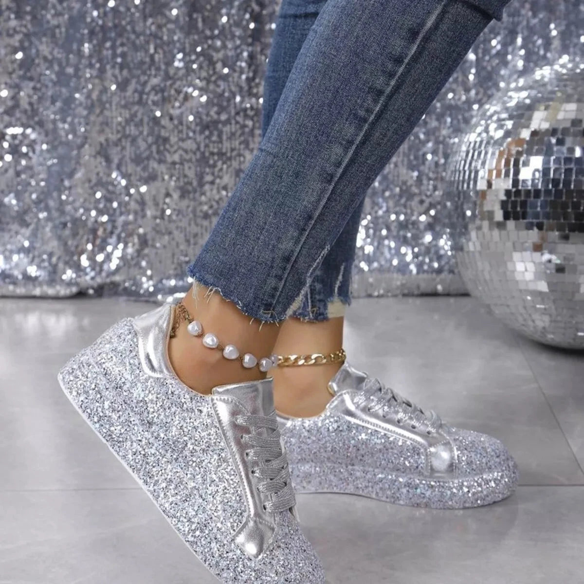Sparkling Lace Up Sneakers by Trendsi