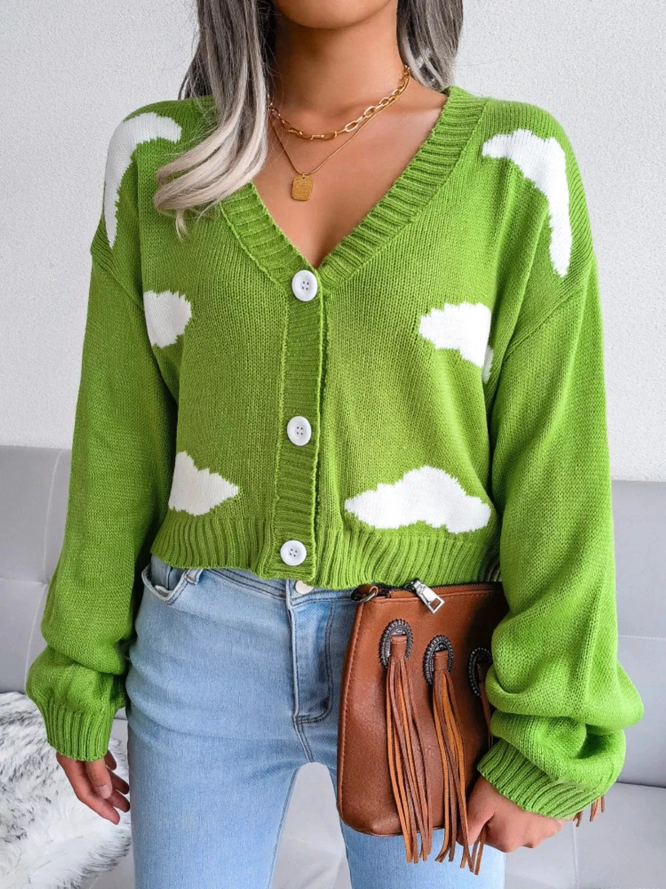 Cloud Pattern Button-Up Cropped Cardigan by Trendsi