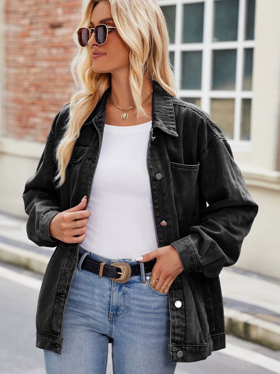 Button Up Denim Jacket with Pockets by Trendsi